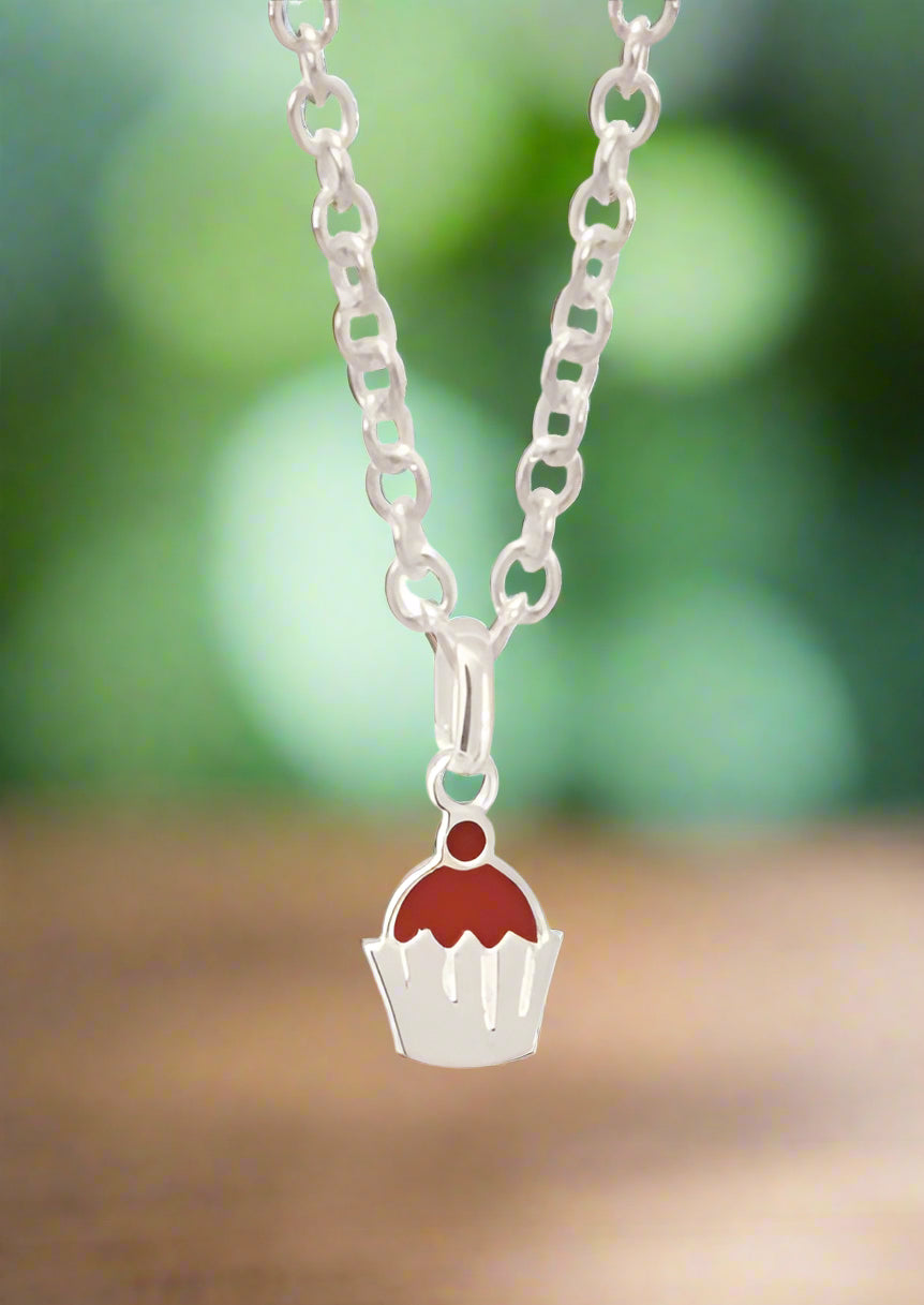 Sterling Silver Enameled Cupcake Pendant Necklace
