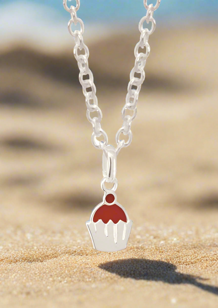 Sterling Silver Enameled Cupcake Pendant Necklace