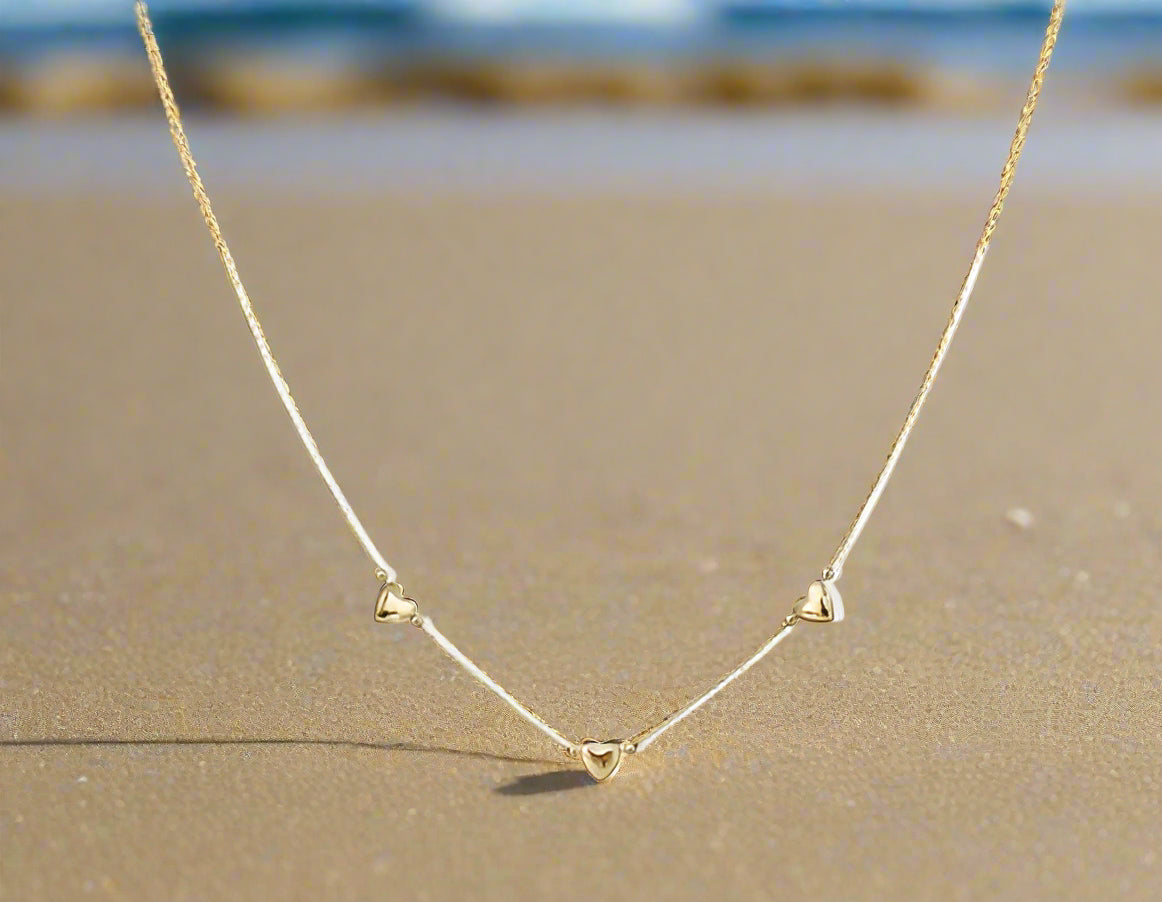 9K Yellow Gold 3-Heart Cable Chain Necklace – 45cm