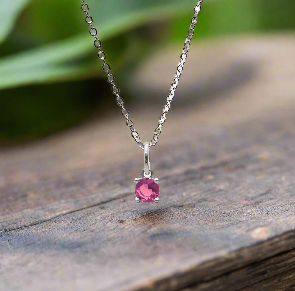 Sterling Silver October Birthstone Necklace – Pink Tourmaline 5mm
