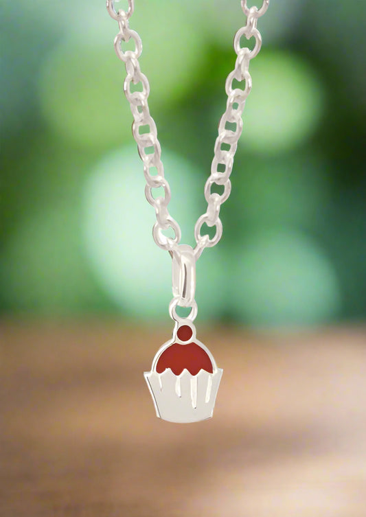Sterling Silver Enameled Cupcake Pendant Necklace