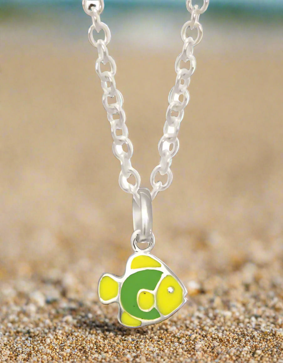 Sterling Silver Yellow & Green Fish Pendant Child's Necklace
