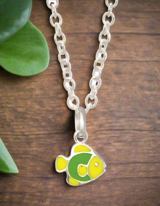 Sterling Silver Yellow & Green Fish Pendant Child's Necklace