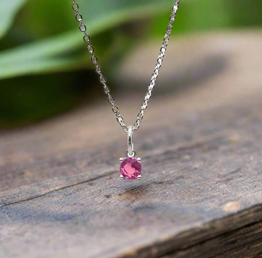 Sterling Silver October Birthstone Necklace – Pink Tourmaline 5mm